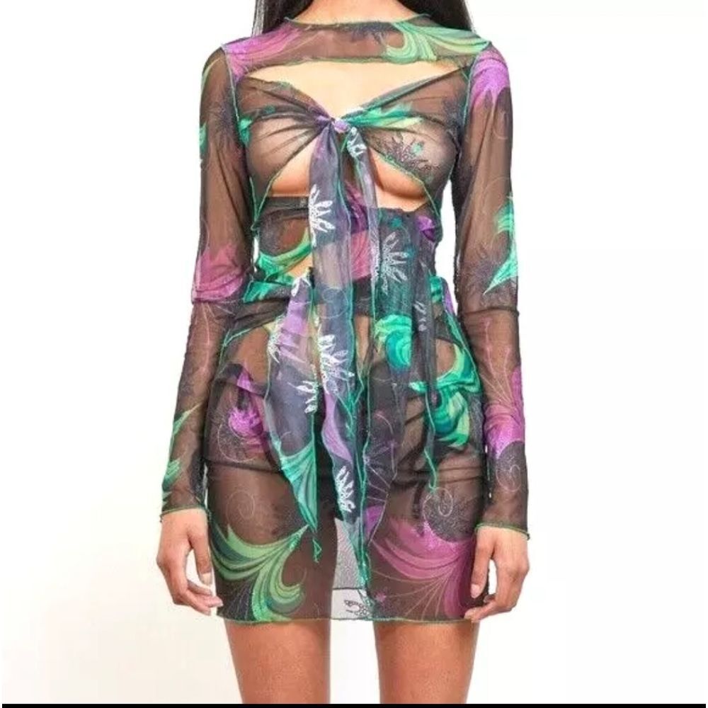 Kim Shui Black Sheer Mesh Mini Dress with Green & Purple Swirl